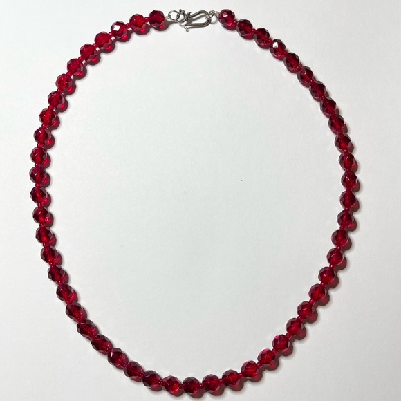 Vintage Red Ruby Glass Bead Necklace And Bracelet Set Silver Plate Hook Closure - Picture 2 of 4